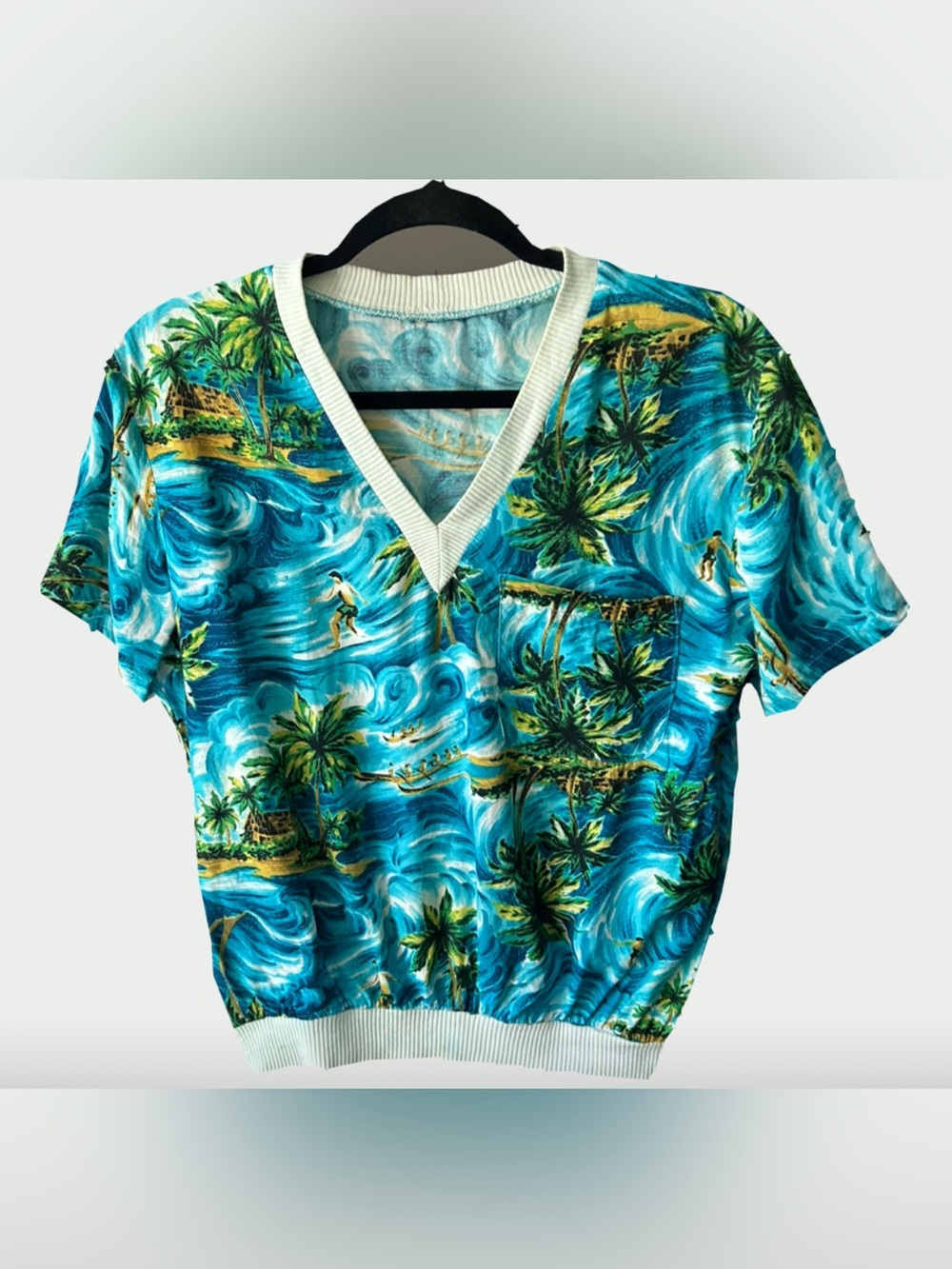 VTG Hawaiian Surf Pullover Top Blue V-Neck Ribbed Hem Surfer Graphic